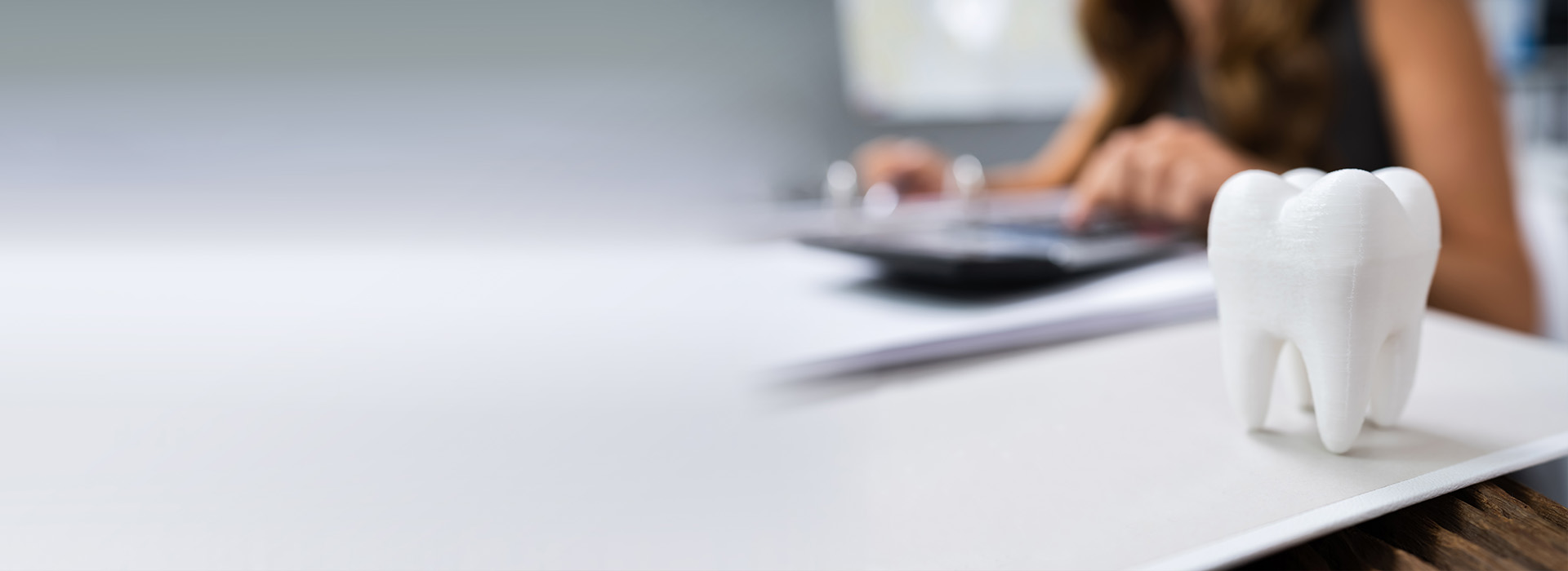 A blurred photograph of a person working at a desk with a model elephant on it, set against an out-of-focus background.