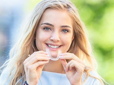 Woman holding up clear plastic aligners with smile.
