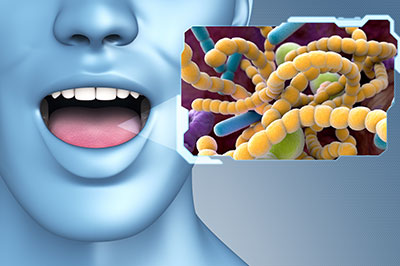 The image features a 3D rendering of a human head with an open mouth, positioned against a background that includes a graphic representation of bacteria and a text box explaining  the importance of oral health.
