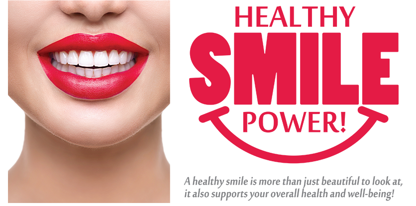 The image features a close-up of a person s face with red lipstick applied, superimposed over text that reads  HEALTHY SMILE POWER  along with additional text that includes phrases such as  Smile Power,   Healthy Smile Power,  and  Smile Power.